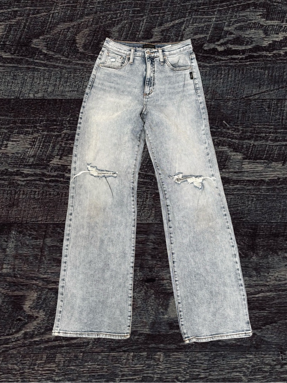 Silver Jeans Light Wash Flare Jeans with Knee Distress
